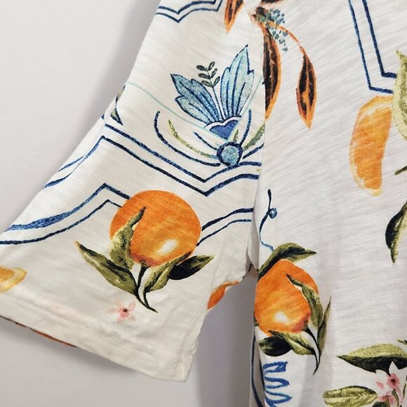 Chico's Women's Size 3/16 Tropical Print Short Sleeve Notched Neck Cotton Tee - Picture 7 of 16